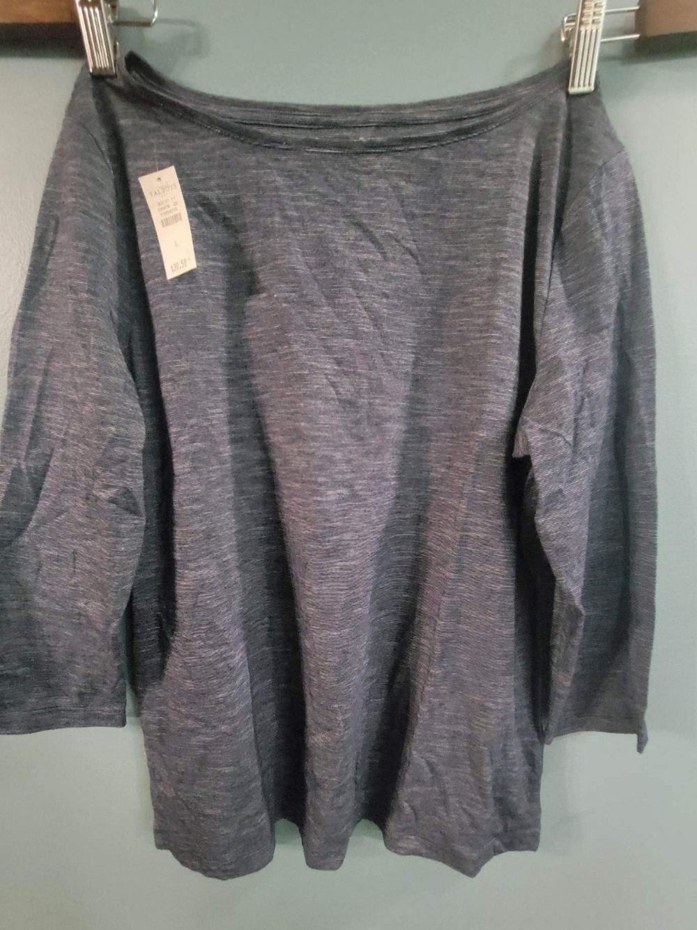 NWT Talbots Gray Heathered Boatneck 3/4 Sleeve Tee Top Size Large